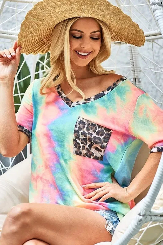 BiBi Tie Dye Print V Neck Top With Front Patch Pocket - Trendsi - Flyclothing LLC
