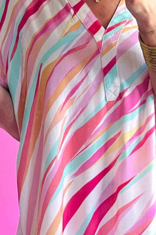 Color Block V-Neck Half Sleeve Blouse - Trendsi - Flyclothing LLC