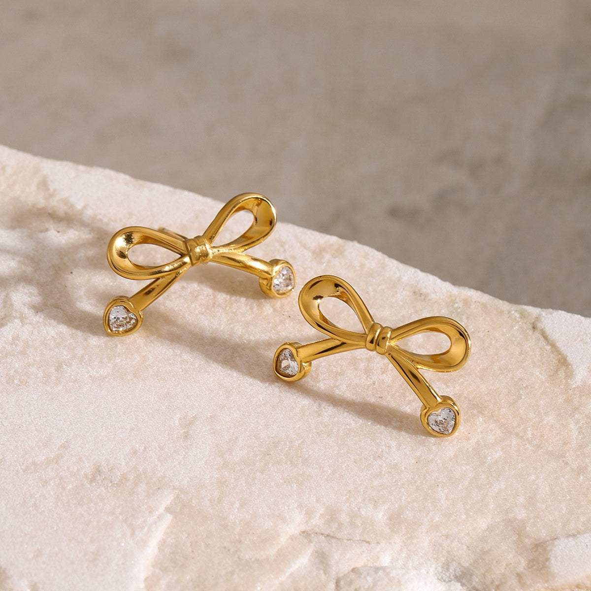 Stainless Steel Inlaid Zircon Bow Earrings - Trendsi - Flyclothing LLC