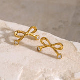 Stainless Steel Inlaid Zircon Bow Earrings - Trendsi