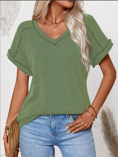 Exposed Seam V-Neck Short Sleeve Top - Trendsi - Flyclothing LLC