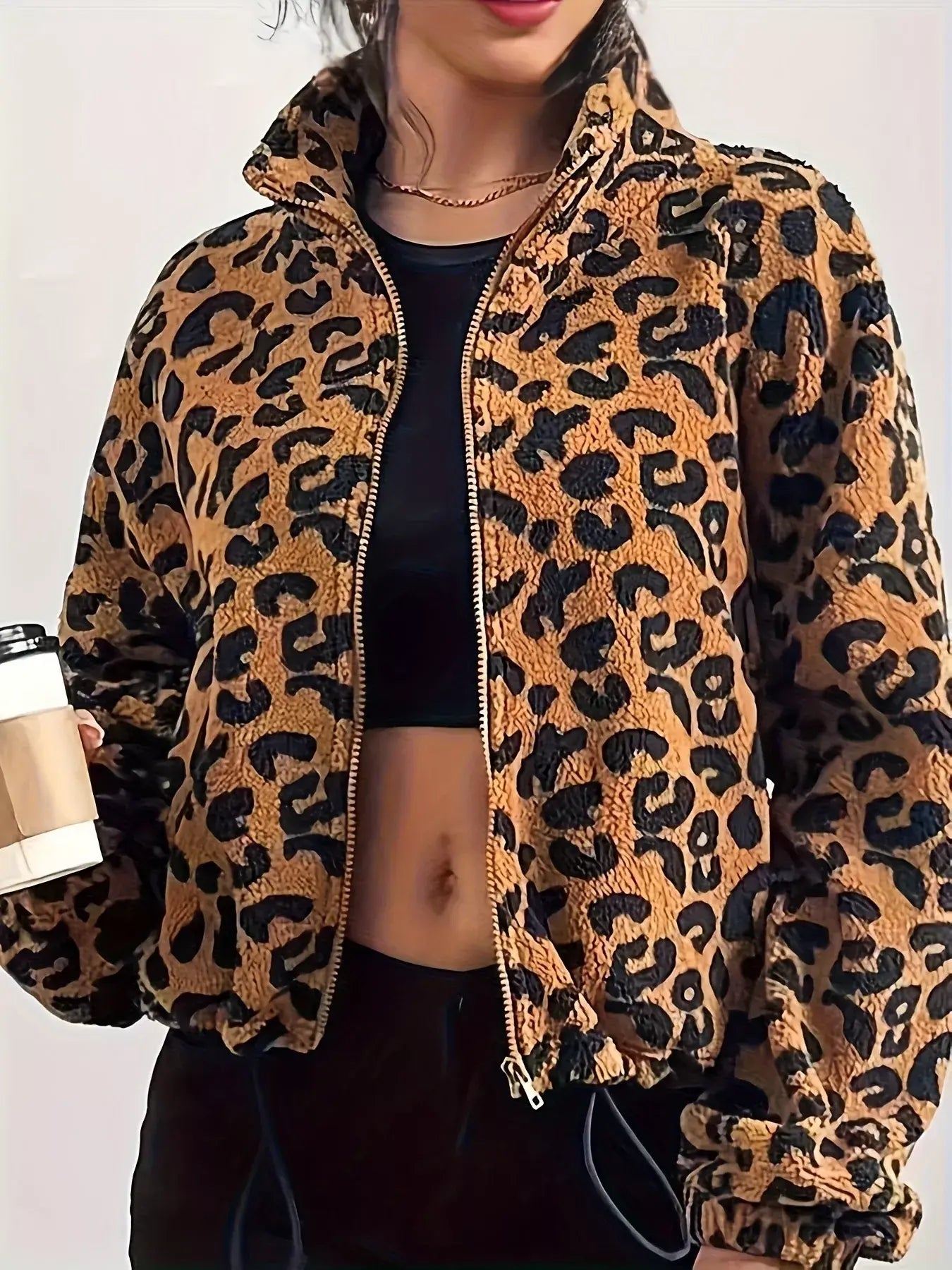 Leopard Fleece Zip-Up Jacket - Trendsi - Flyclothing LLC