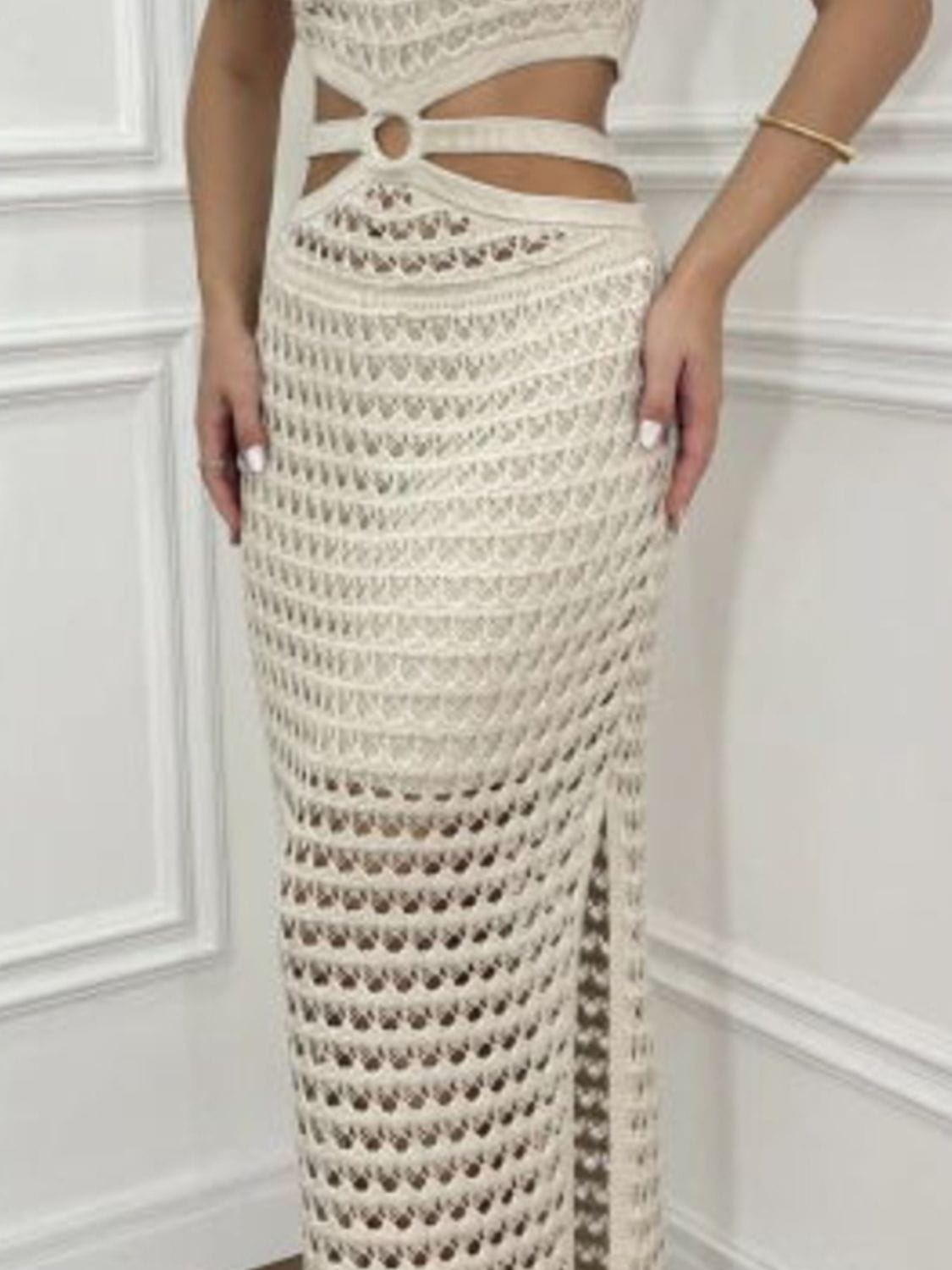 Cutout Slit Round Neck Sweater Dress - Trendsi