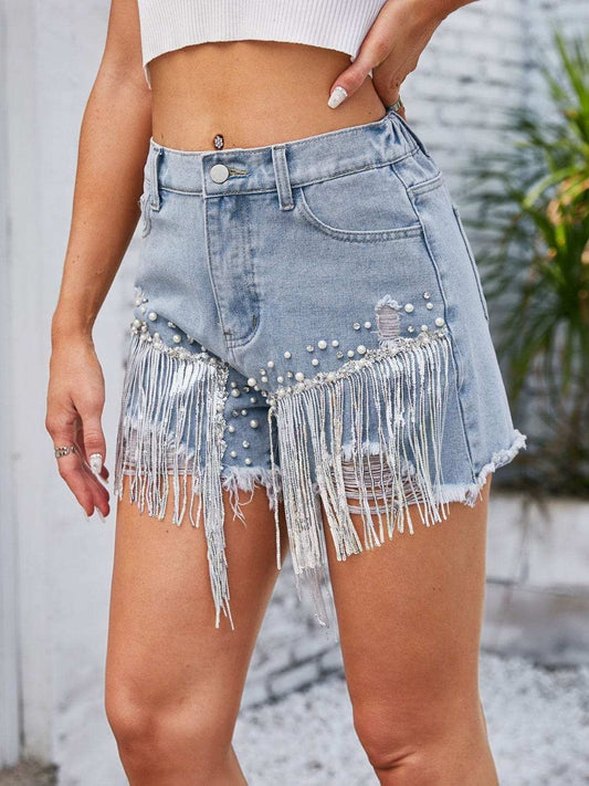 Distressed Pearl Trim Denim Shorts with Pockets - Trendsi - Flyclothing LLC