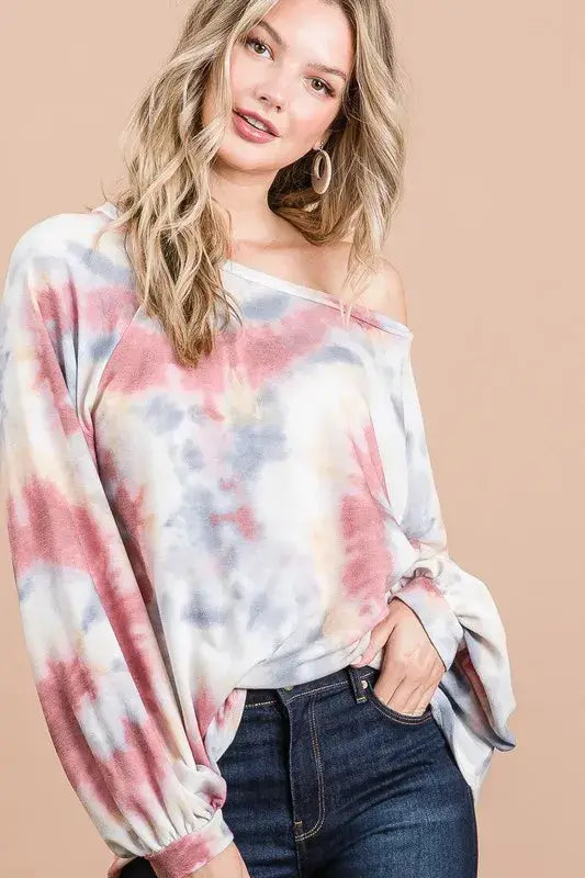BiBi Tie Dye Print Terry Top With Puff Sleeves - Trendsi - Flyclothing LLC