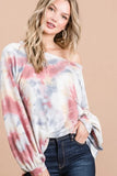 BiBi Tie Dye Print Terry Top With Puff Sleeves - Trendsi