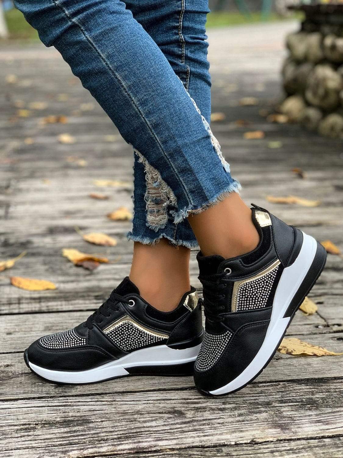 Lace-Up Rhinestone Wedge Sneakers - Trendsi - Flyclothing LLC