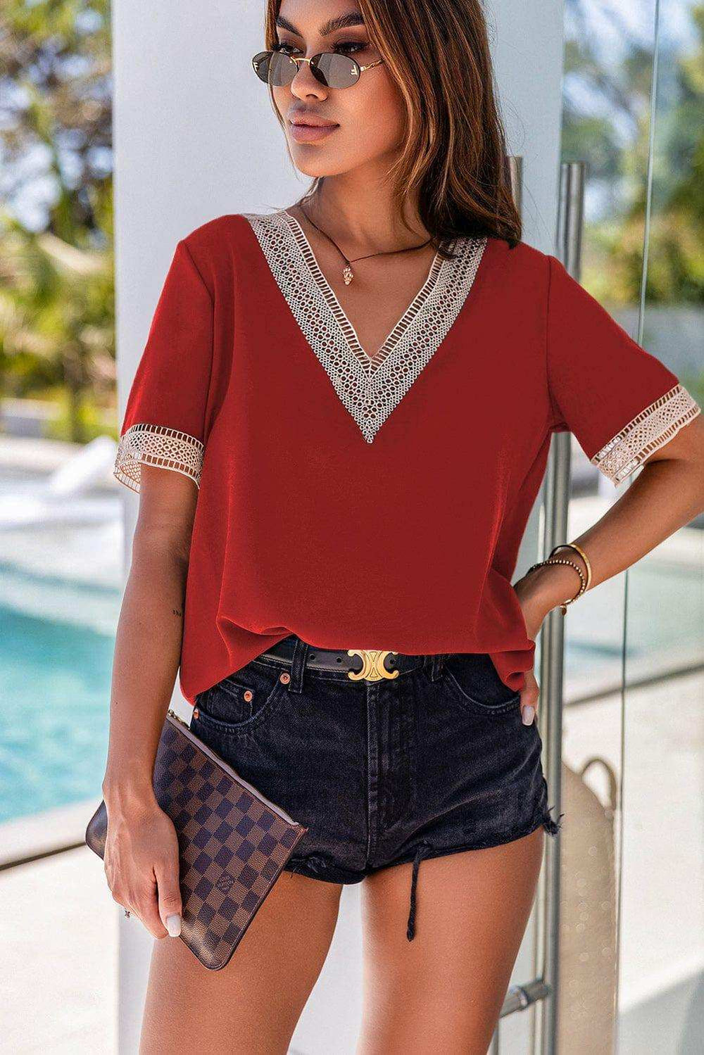 Contrast V-Neck Blouse - Trendsi - Flyclothing LLC