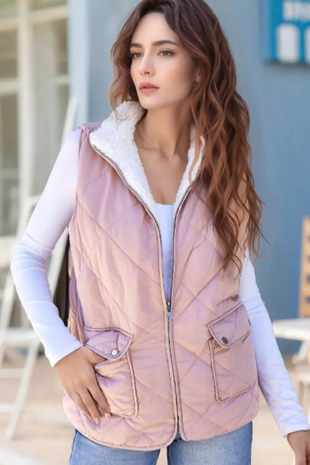 Quilted Sherpa-Lined Vest Coat - Trendsi - Flyclothing LLC