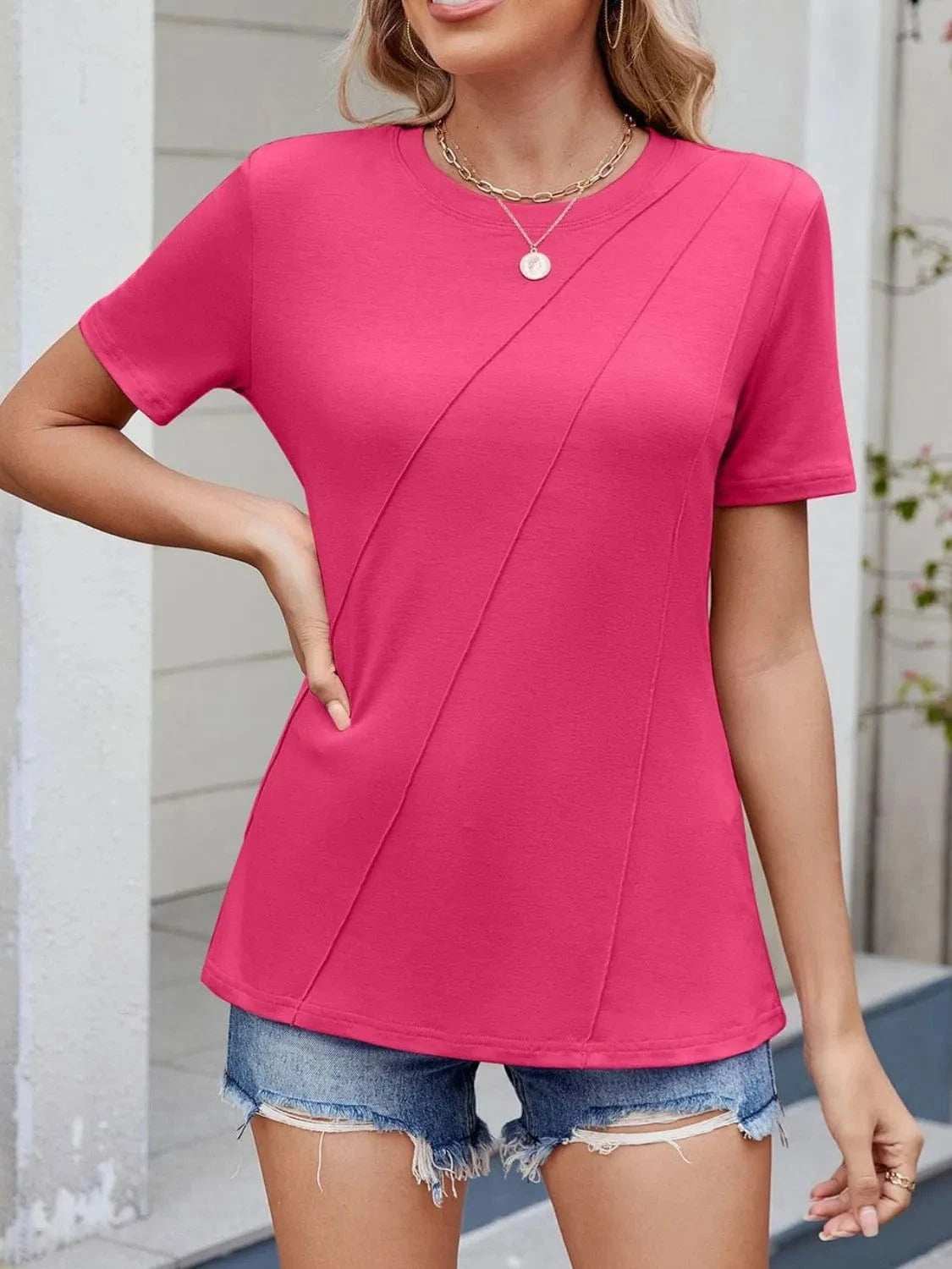 Round Neck Short Sleeve T-Shirt - Trendsi - Flyclothing LLC