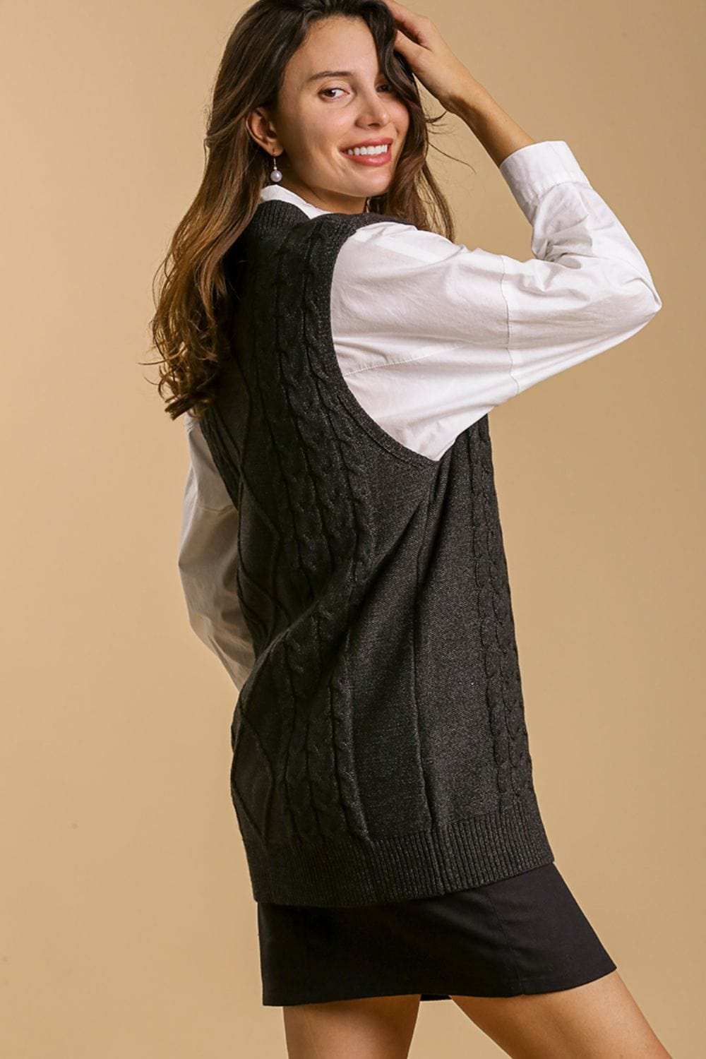 Umgee Full Size Cable V-Neck Vest Sweater Plus Size - Trendsi - Flyclothing LLC