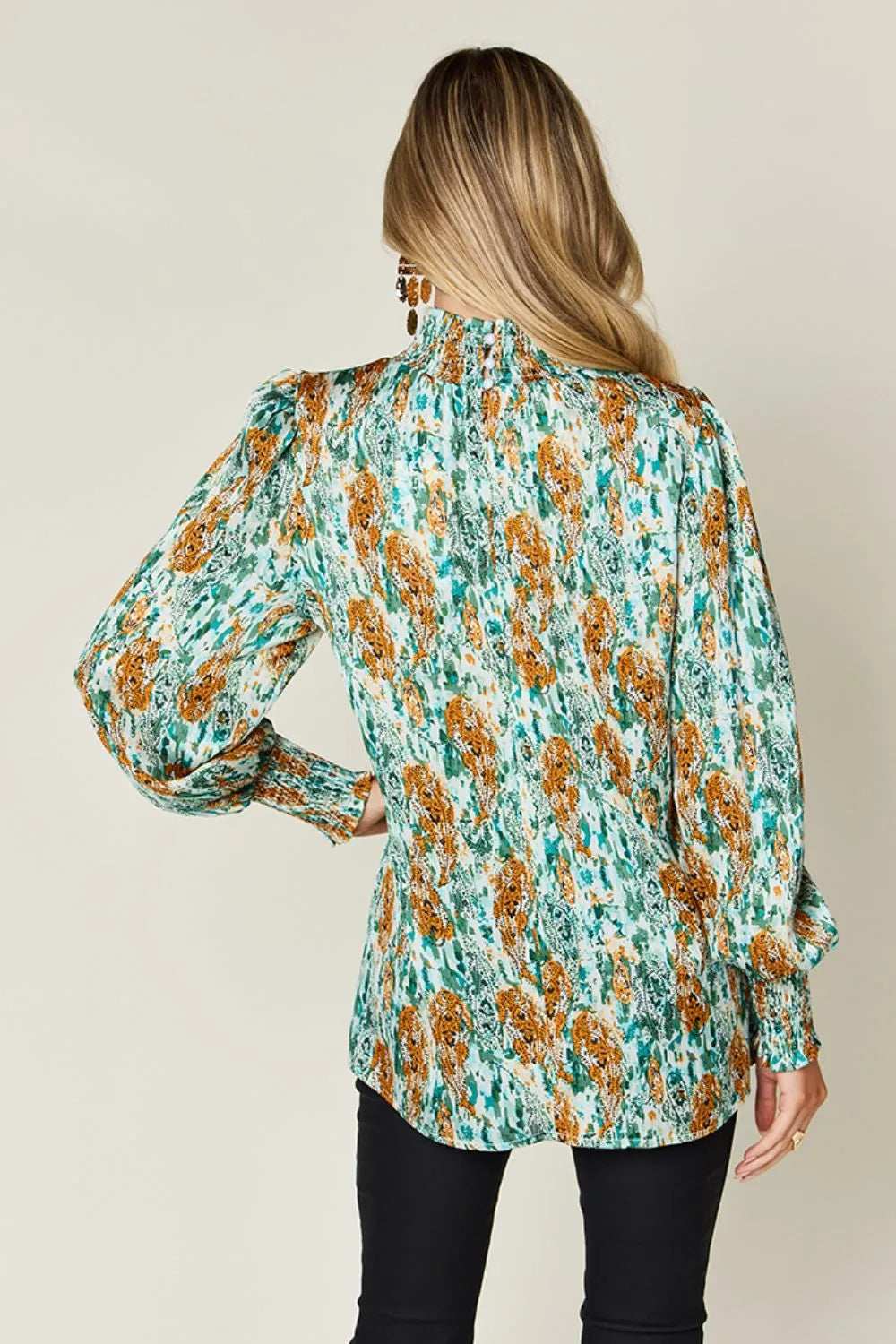 Double Take Full Size Printed Smocked Long Sleeve Blouse - Trendsi - Flyclothing LLC