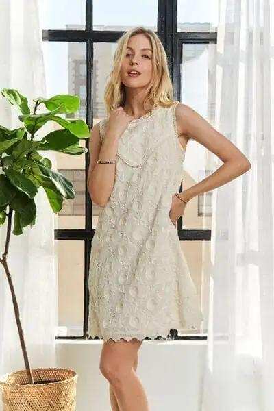 ADORA Applique Round Neck Sleeveless Shift Dress - Trendsi - Flyclothing LLC