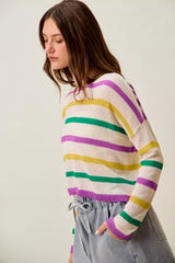 SO ME Mardi Gras Color Stripe Lightweight Sweater Top - Trendsi - Flyclothing LLC