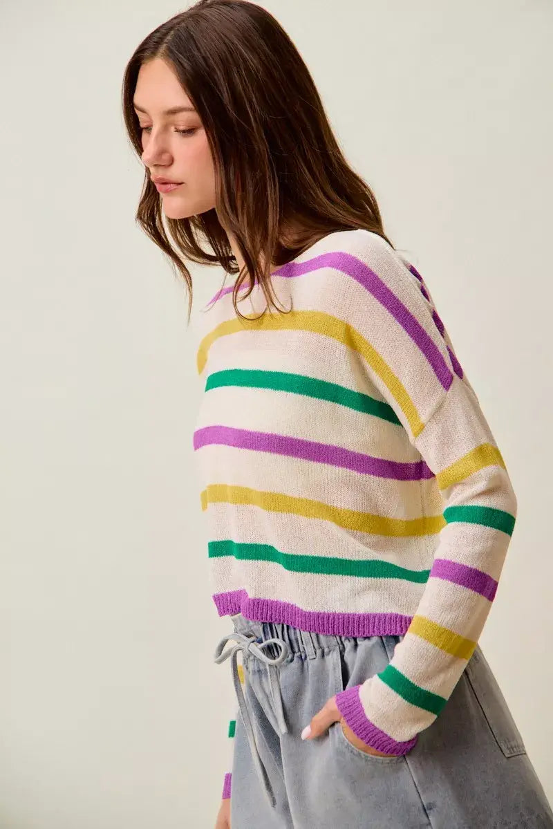 SO ME Mardi Gras Color Stripe Lightweight Sweater Top - Trendsi - Flyclothing LLC