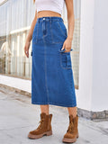 Slit Midi Denim Skirt with Pockets - Trendsi