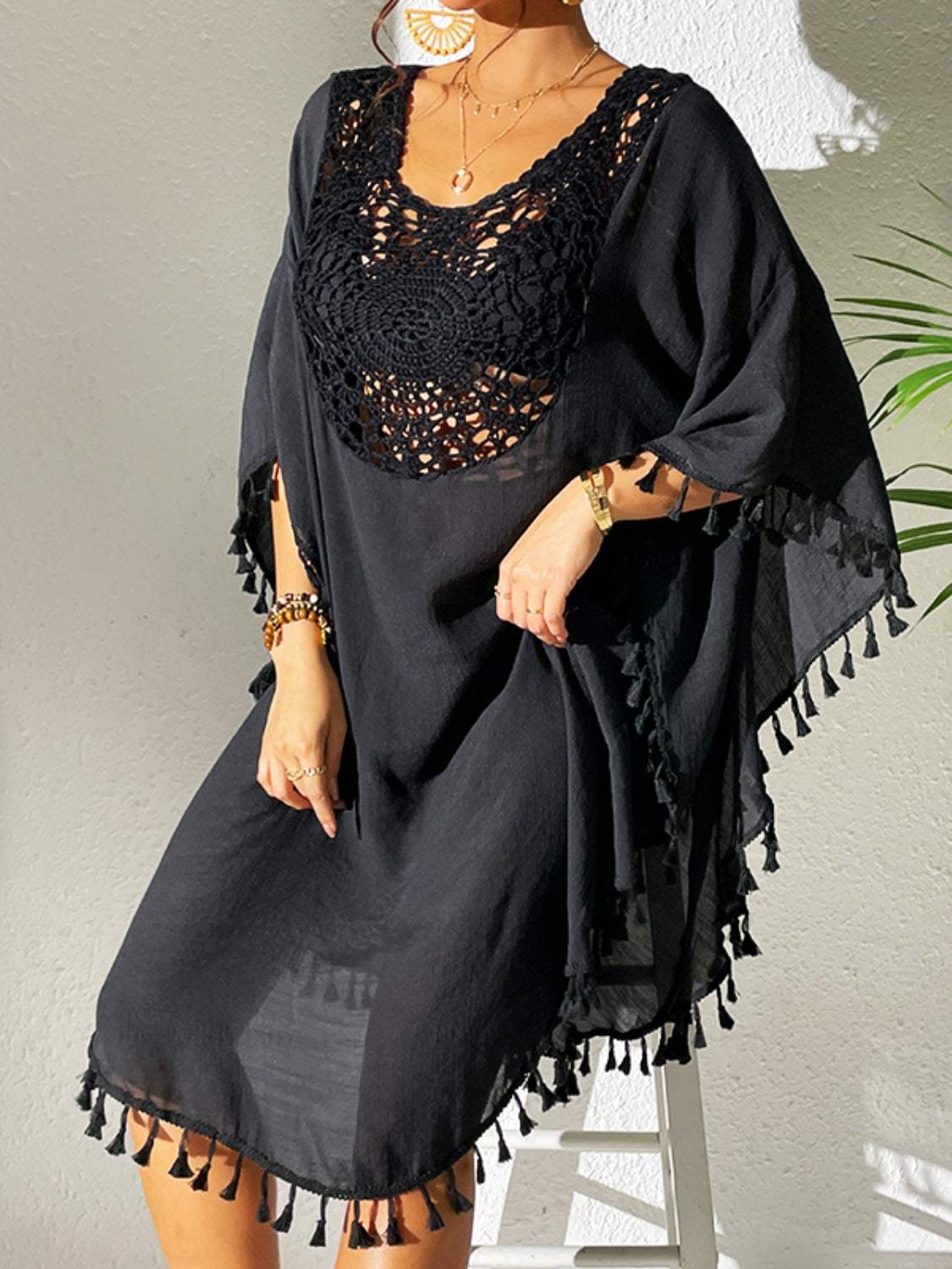 Tassel Cutout Scoop Neck Cover-Up Dress - Trendsi - Flyclothing LLC