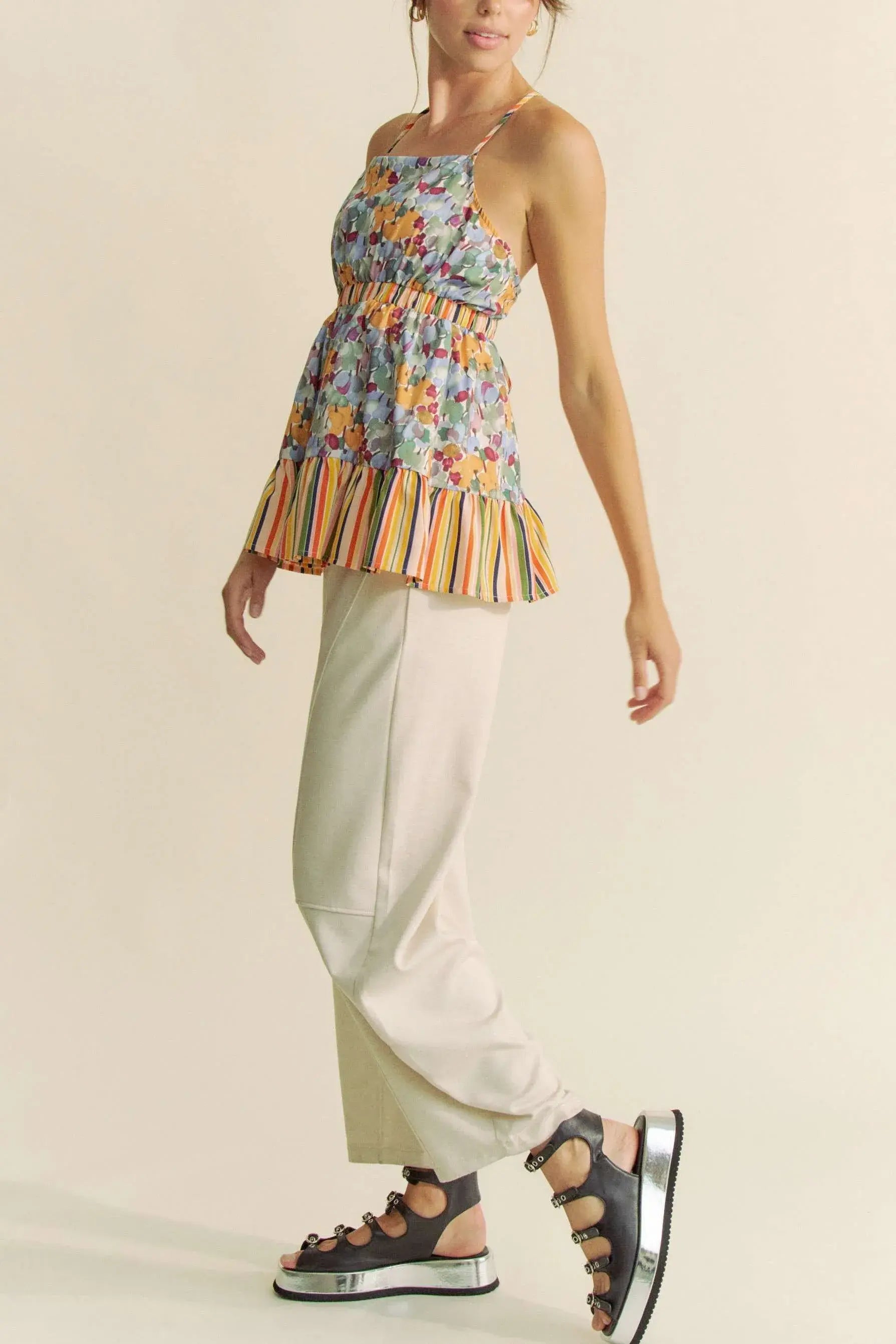 Davi & Dani Floral Smocked Sleeveless Ruffle Back Tie Top - Trendsi - Flyclothing LLC