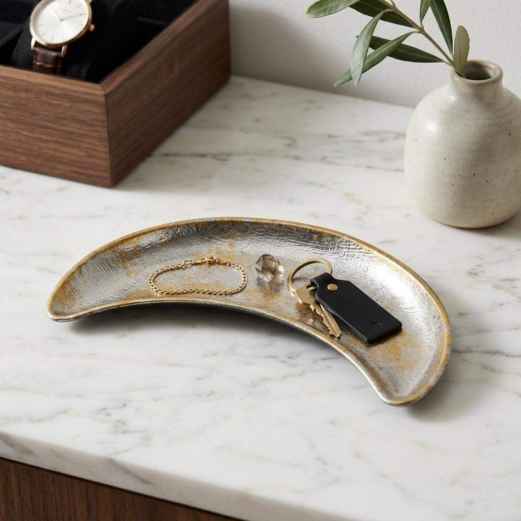 8" Silver And Gold Metal Handmade Crescent Trinket Tray - HomeRoots - Flyclothing LLC