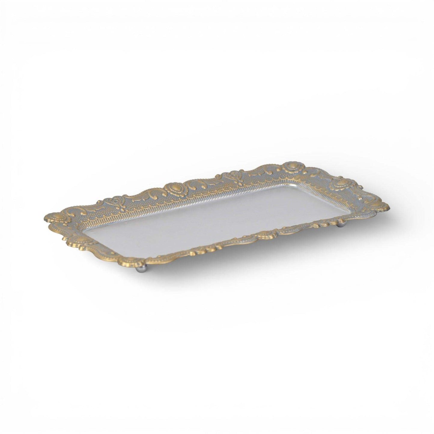 12" Blue Gray Silver And Gold Metal Handmade Trinket Tray - HomeRoots - Flyclothing LLC