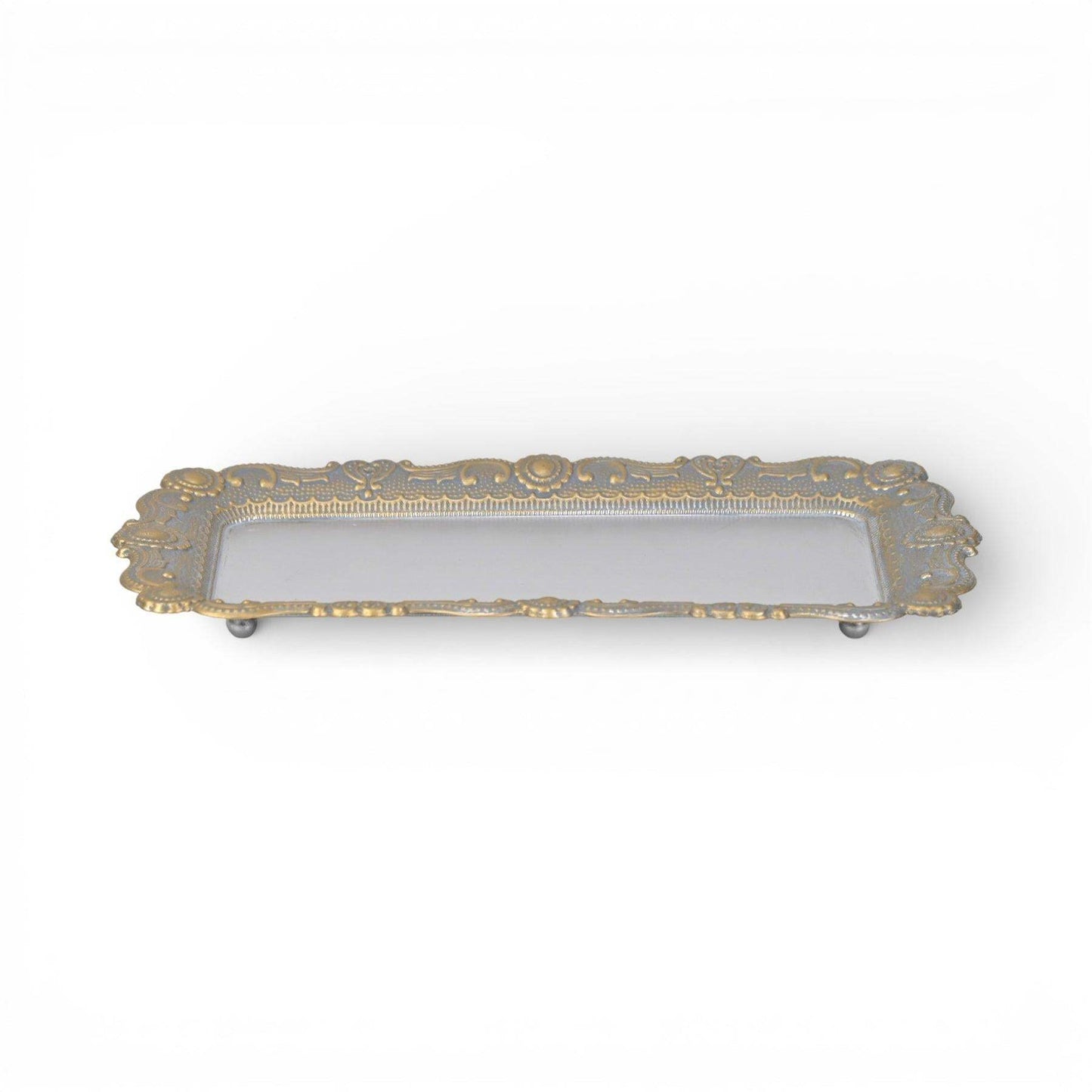 12" Blue Gray Silver And Gold Metal Handmade Trinket Tray - HomeRoots - Flyclothing LLC
