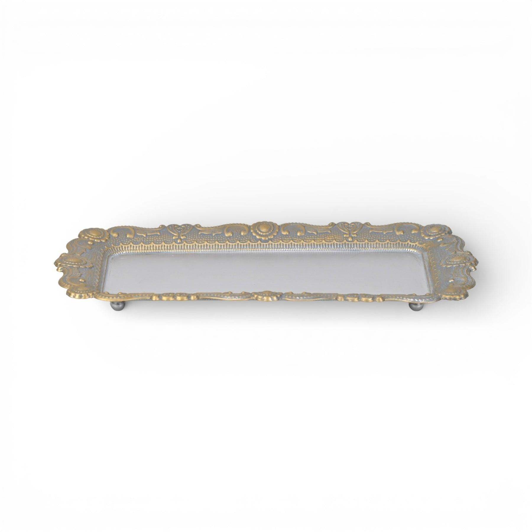 12" Blue Gray Silver And Gold Metal Handmade Trinket Tray - HomeRoots - Flyclothing LLC