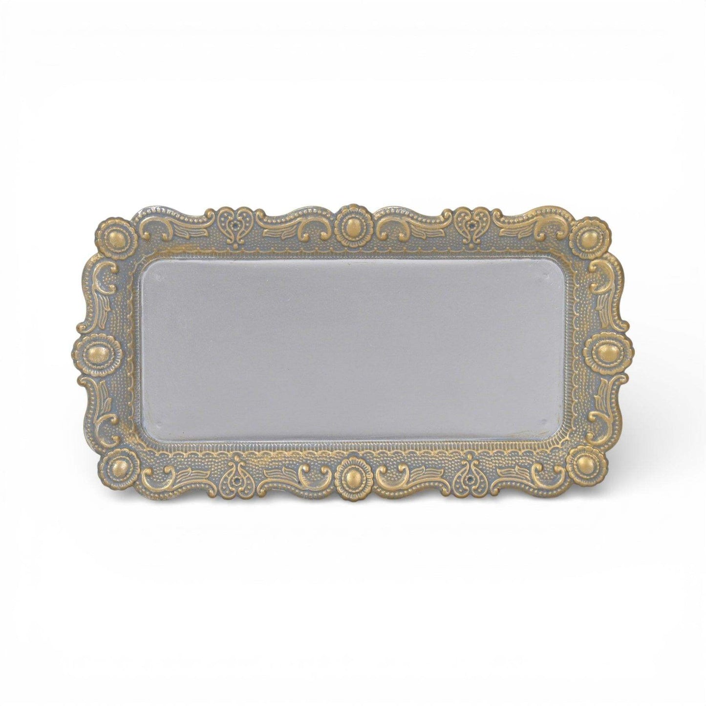 12" Blue Gray Silver And Gold Metal Handmade Trinket Tray - HomeRoots - Flyclothing LLC