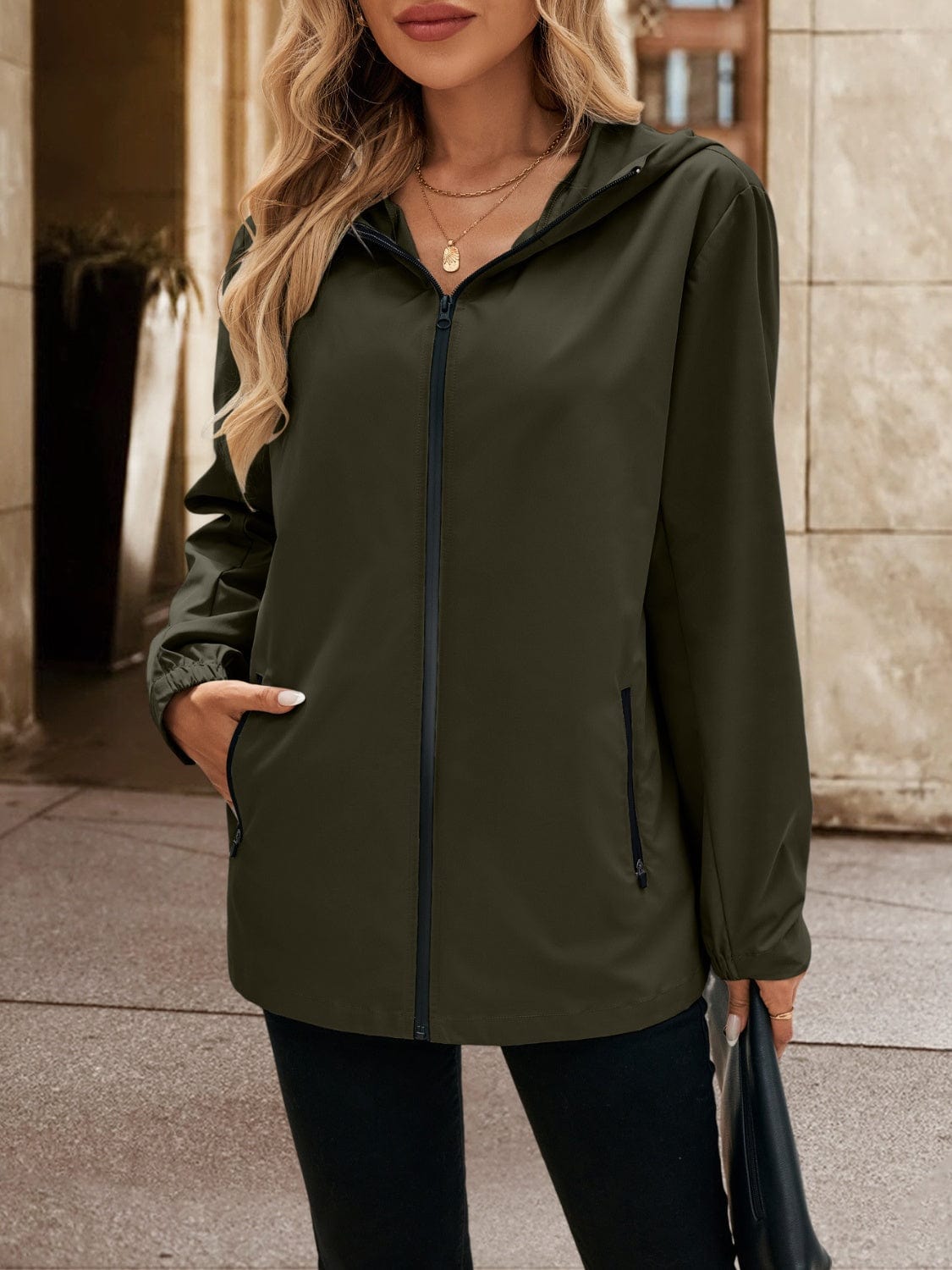 Pocketed Zip Up Hooded Jacket - Trendsi