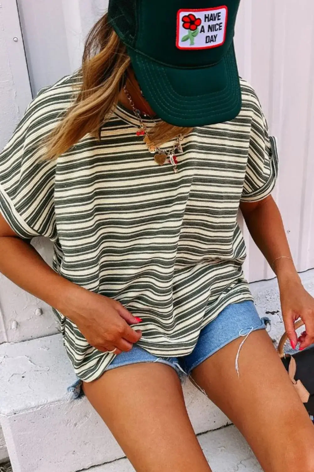Stripe Textured Side Slit Crew Neck T-Shirt - Trendsi - Flyclothing LLC
