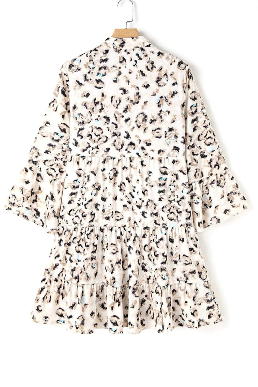 Leopard Notched Long Sleeve Tiered Dress - Trendsi