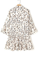 Leopard Notched Long Sleeve Tiered Dress - Trendsi