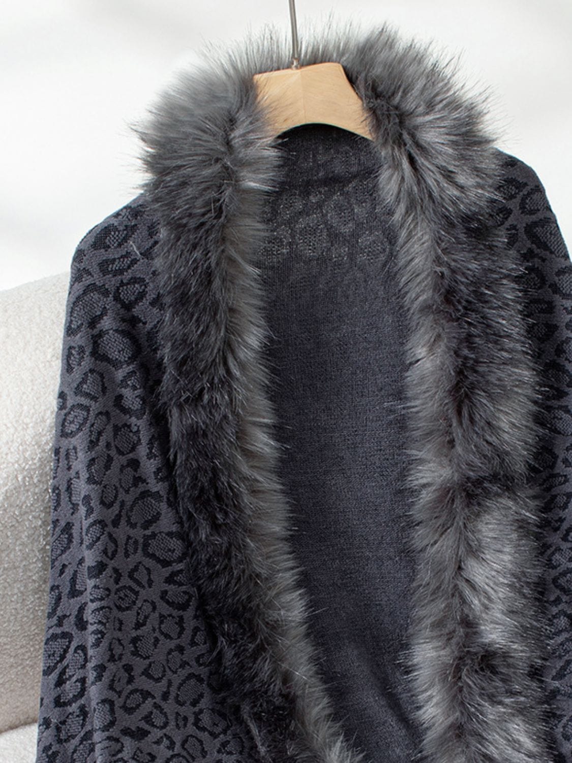 Fringe Leopard Open Front Long Sleeve Poncho - Trendsi