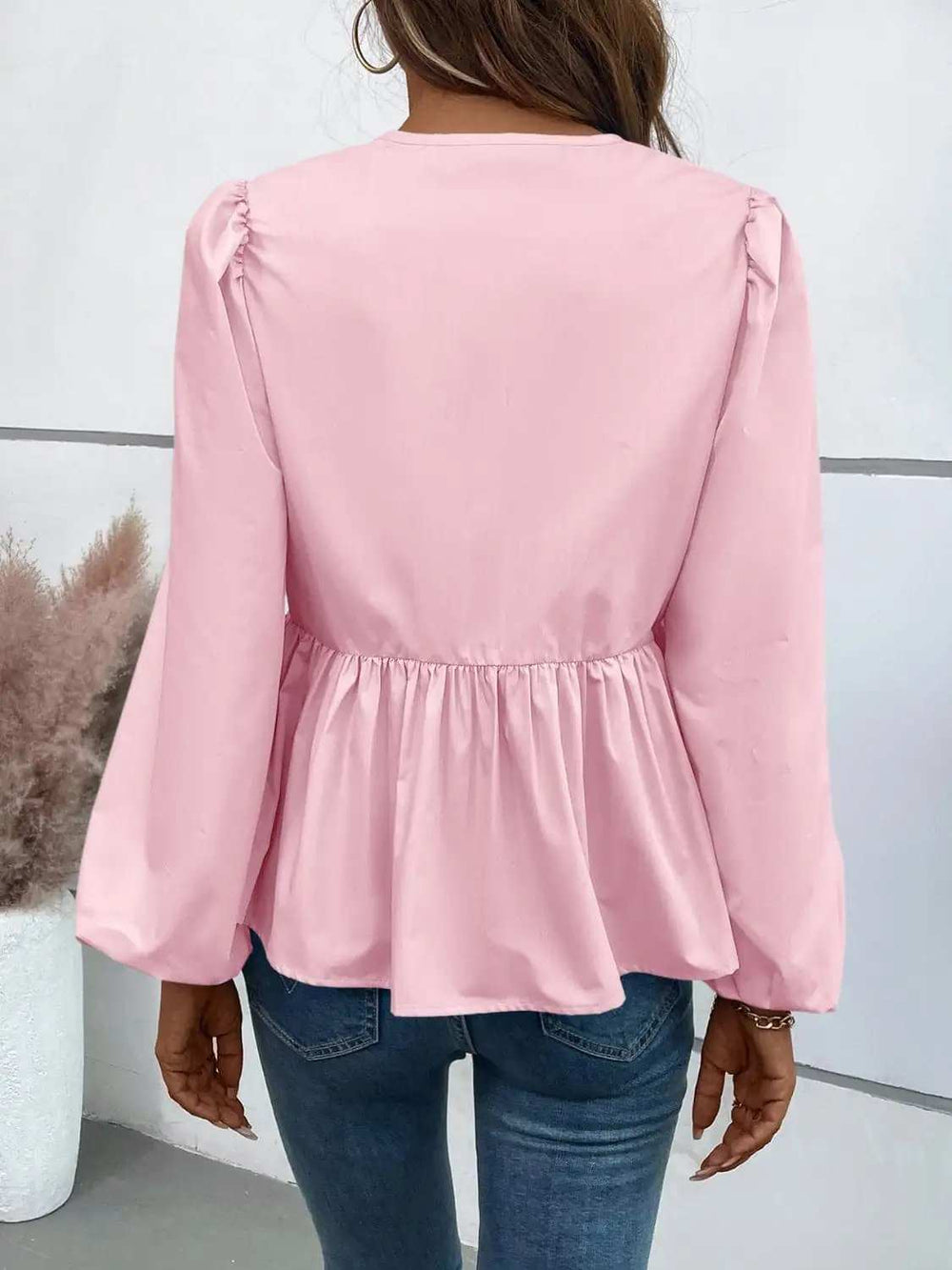 Ivy Lane Peplum Tied Long Sleeve Blouse - Trendsi - Flyclothing LLC