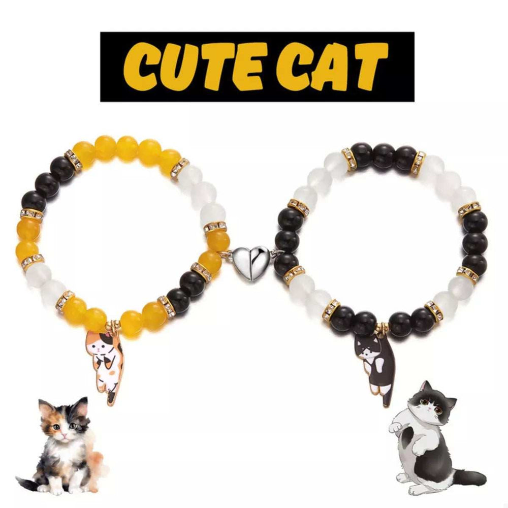 2 Piece Beaded Cat Charm Bracelet - Trendsi - Flyclothing LLC