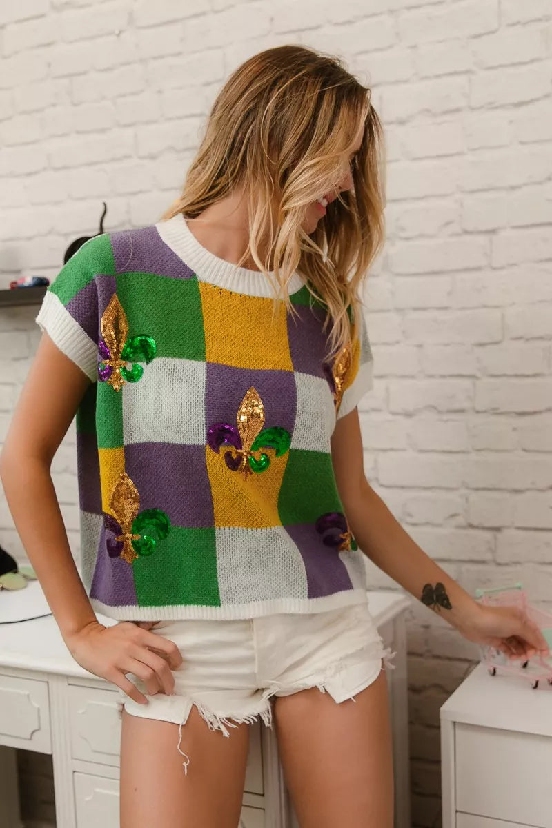 BiBi Sequin Embroidery Mardi Gras Checker Sweater Top - Trendsi - Flyclothing LLC