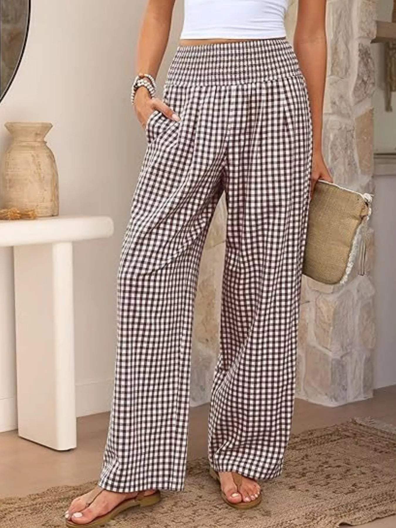 Gingham Wide-Leg Pants - Trendsi - Flyclothing LLC