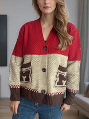 Pocketed Contrast V-Neck Button Up Cardigan - Trendsi