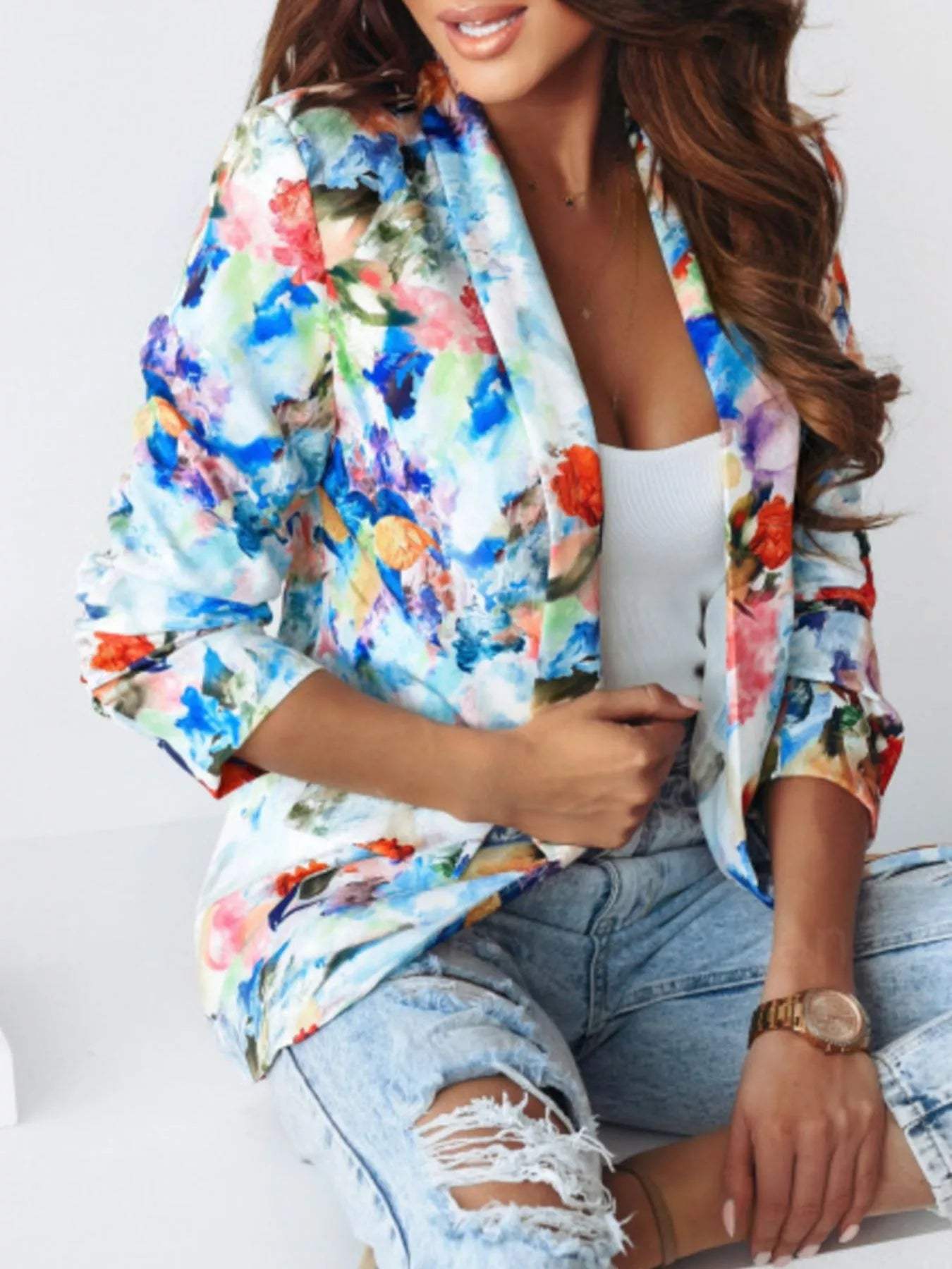 Vibrant Floral Print Open Front Blazer - Trendsi - Flyclothing LLC
