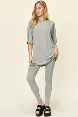 Double Take Full Size Round Neck Dropped Shoulder T-Shirt and Leggings Set - Trendsi - Flyclothing LLC