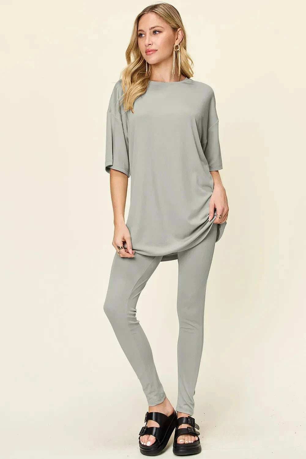 Double Take Full Size Round Neck Dropped Shoulder T-Shirt and Leggings Set - Trendsi - Flyclothing LLC
