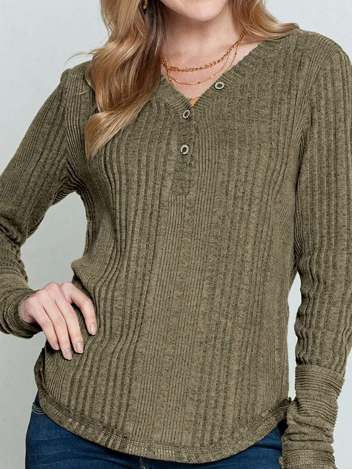 Textured V-Neck Long Sleeve T-Shirt - Trendsi - Flyclothing LLC