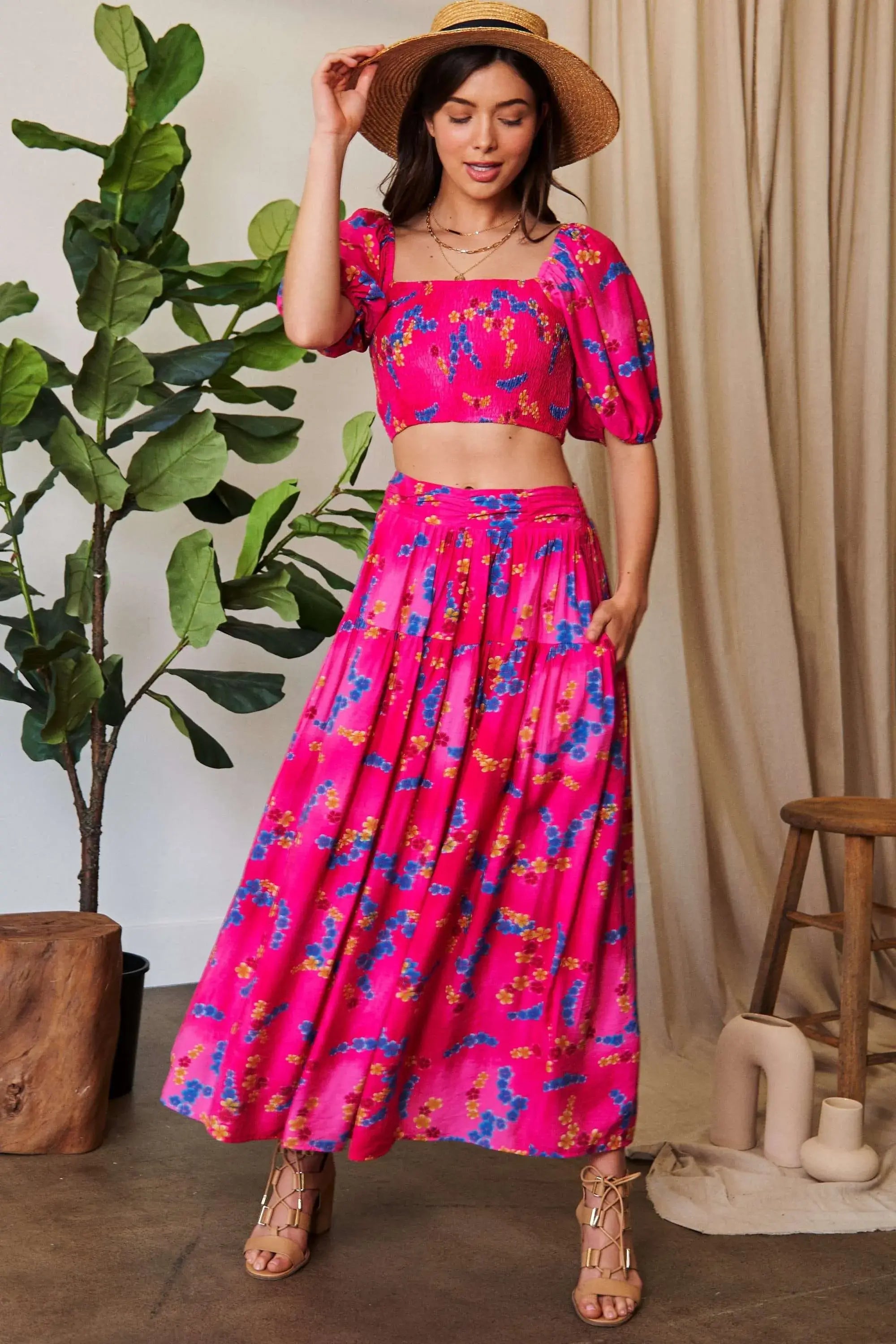Davi & Dani Smocing Bodice Puff Short Sleeve Printed Crop Top - Trendsi - Flyclothing LLC