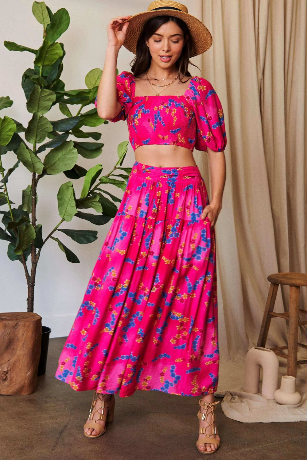 Davi & Dani Smocing Bodice Puff Short Sleeve Printed Crop Top - Trendsi - Flyclothing LLC