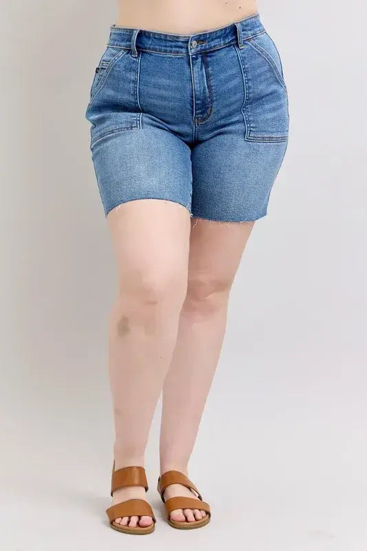 Judy Blue Full Size Mid Rise Bermudas Denim Shorts W/ Back Flap Pockets Plus Size - Trendsi - Flyclothing LLC