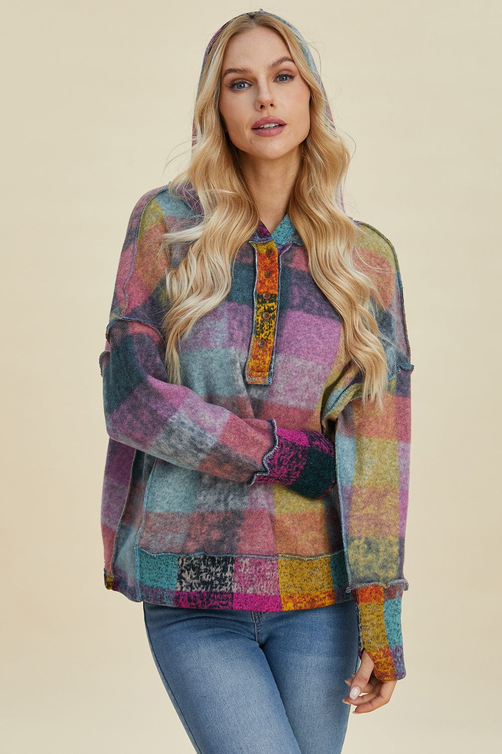 Double Take Full Size Plaid Dropped Shoulder Hoodie - Trendsi