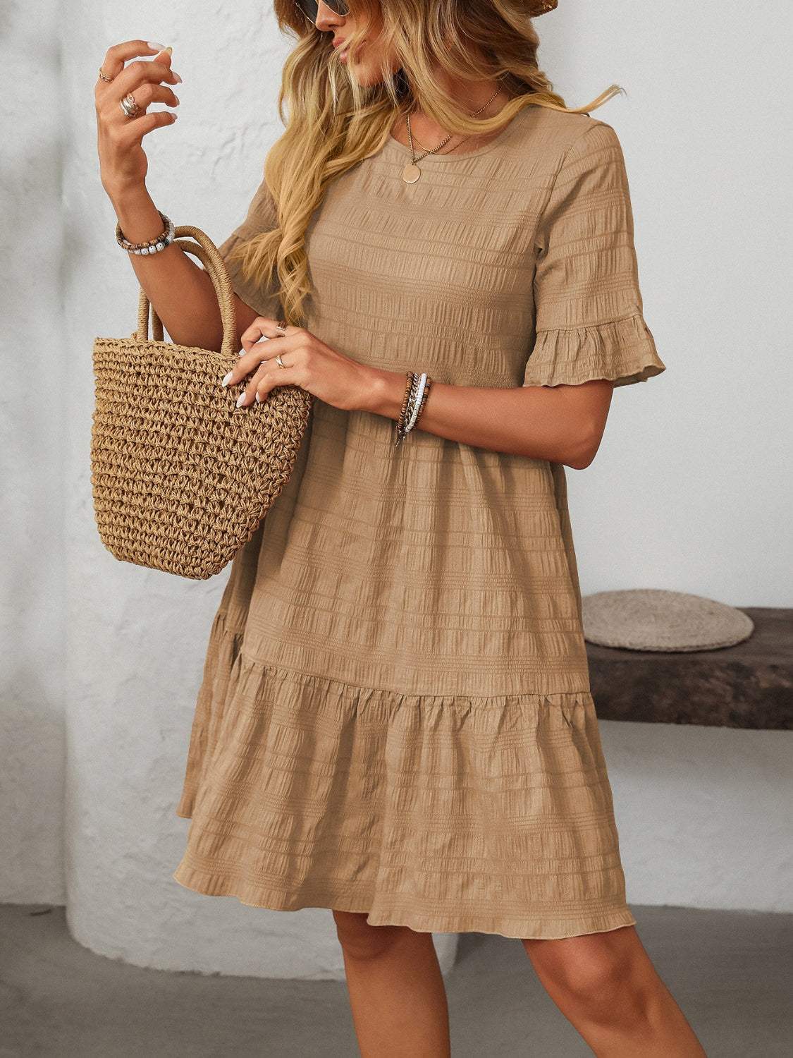 Mandy Ruffled Ruched Round Neck Half Sleeve Dress - Trendsi - Flyclothing LLC