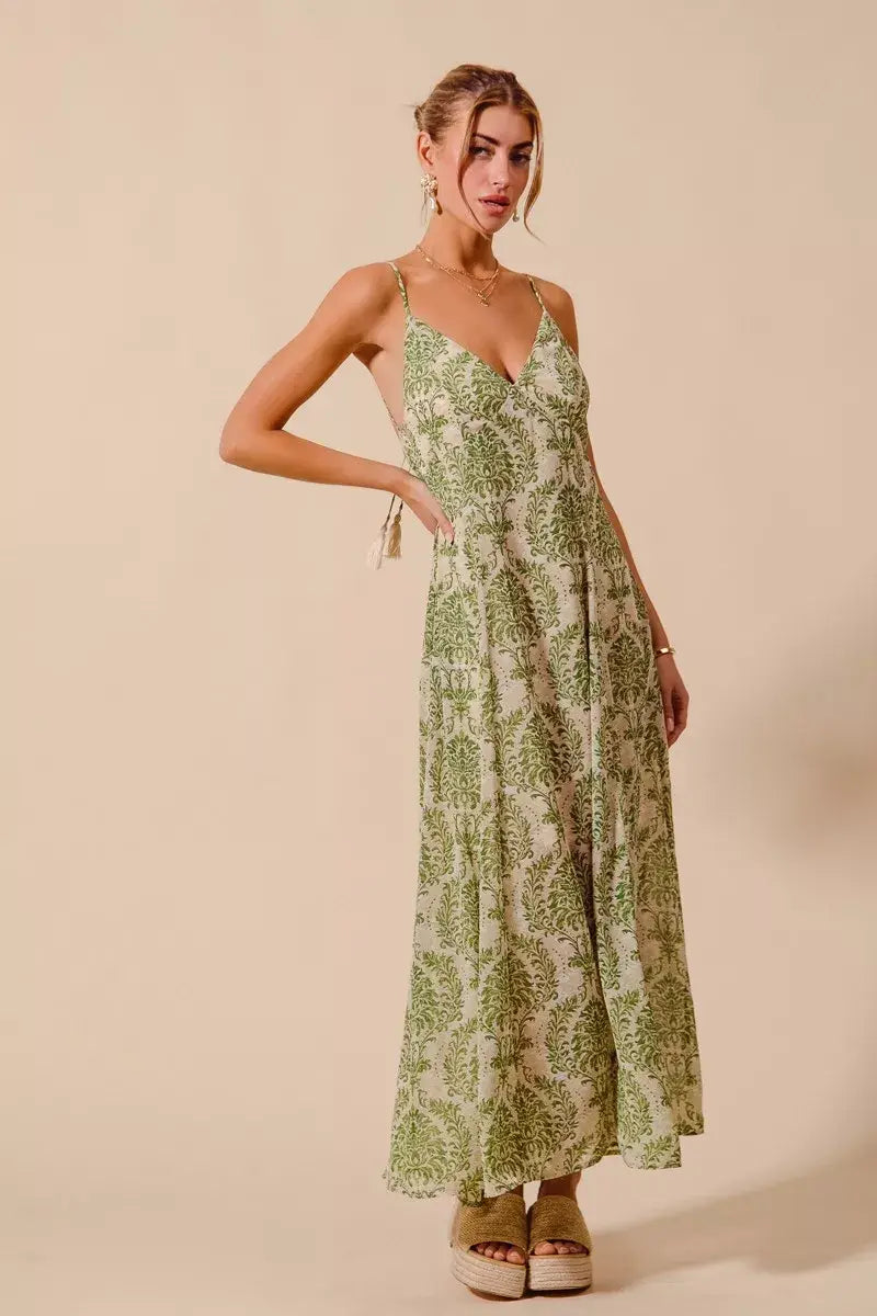 SO ME Damask Floral Summer Maxi Flowy Dress With Open Back - Trendsi - Flyclothing LLC