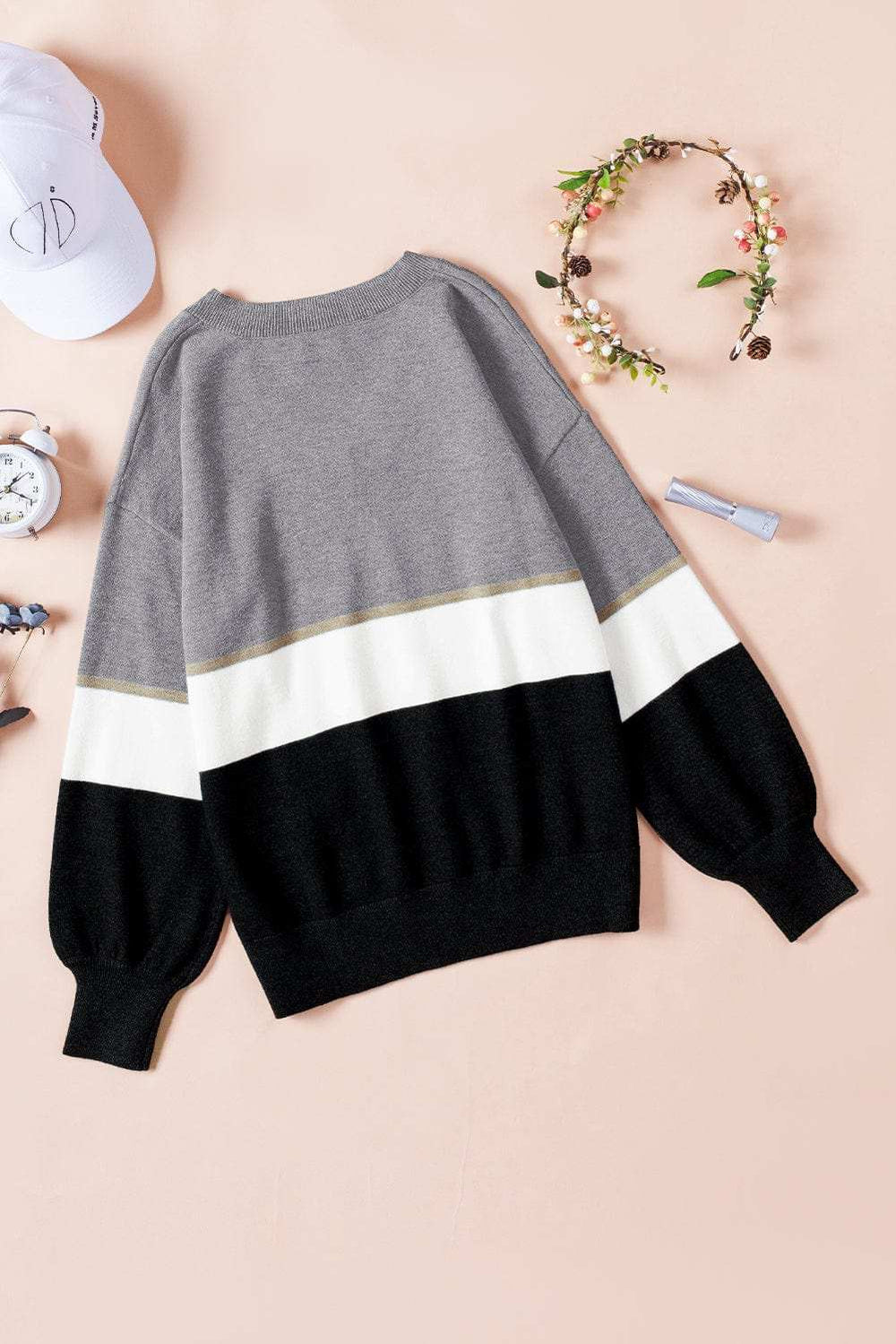 Color Block V Neck Long Sleeve Sweater - Trendsi - Flyclothing LLC