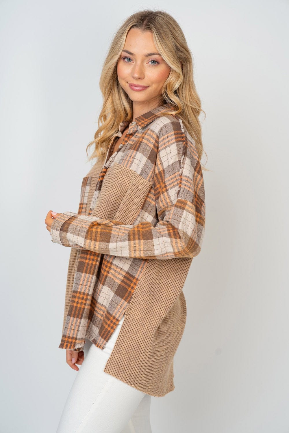 White Birch Full Size Contrast Plaid Button Down Shirt Trendsi