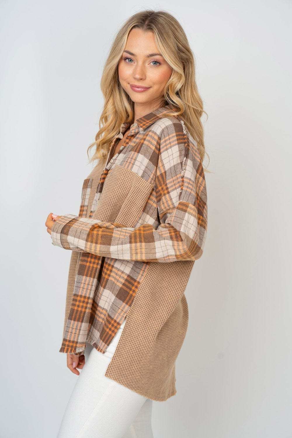 White Birch Full Size Contrast Plaid Button Down Shirt - Trendsi - Flyclothing LLC